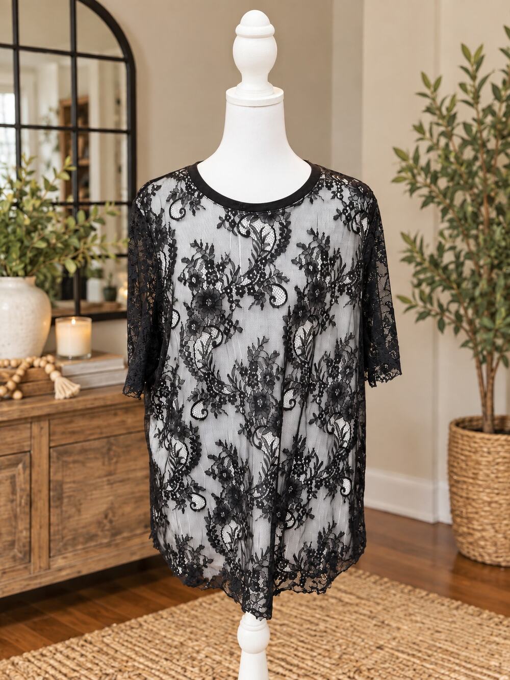 Who What Wear Black Floral Lace Blouse Sheer Overlay Top Elegant Dressy
